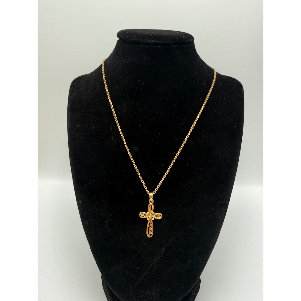 Lia Sophia Gold Tone Filigree Cross Pendant Necklace Rhinestone Accent Jewelry